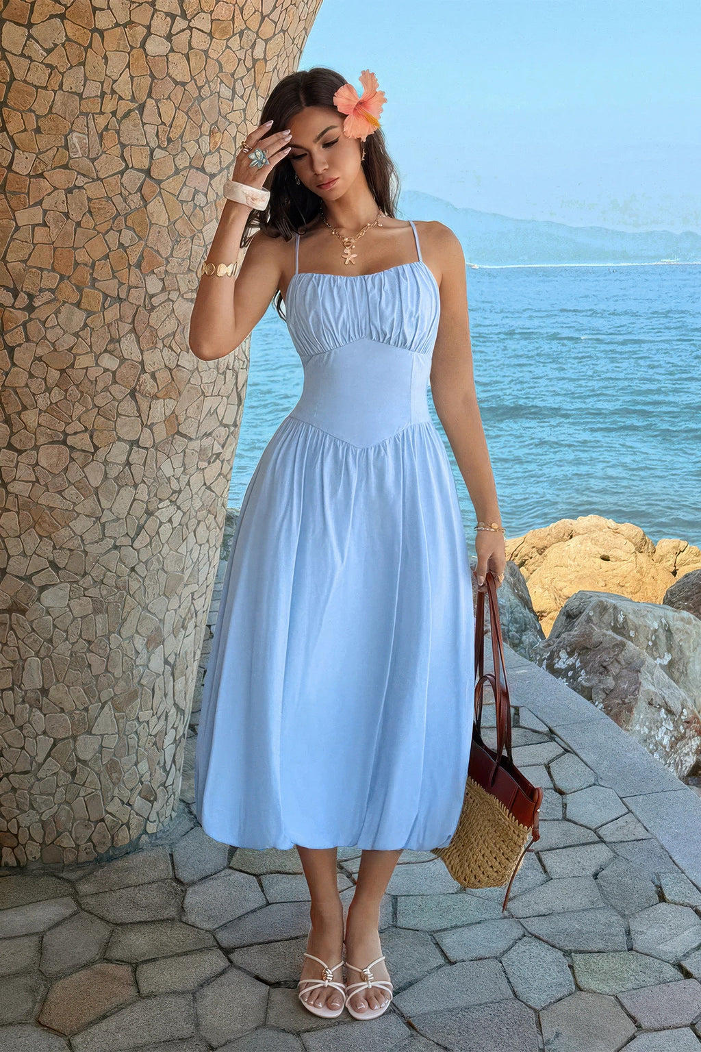Women's light blue a-line dress wedding for summer beach events