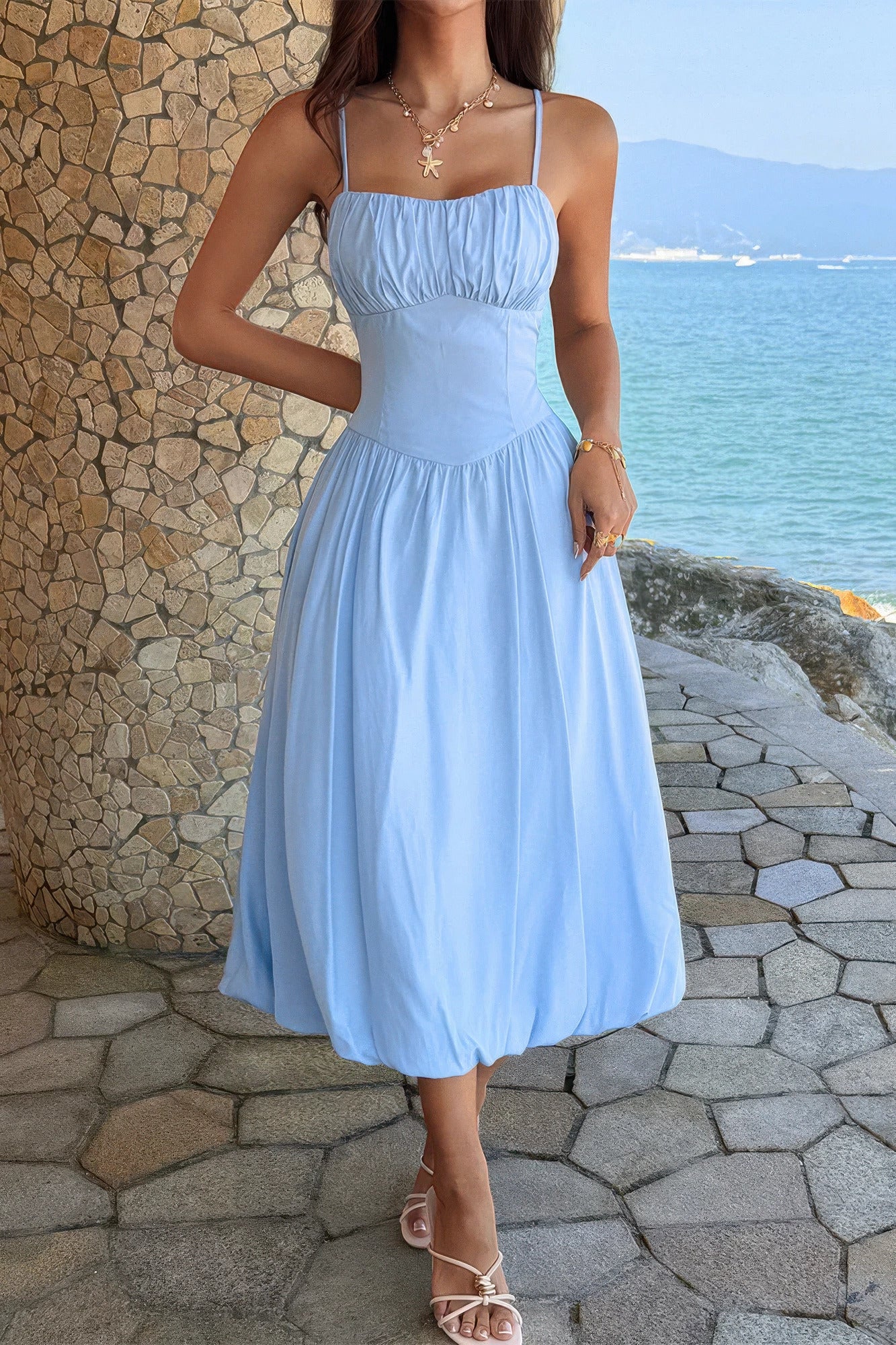 Light blue A-line dress wedding, perfect for summer celebrations