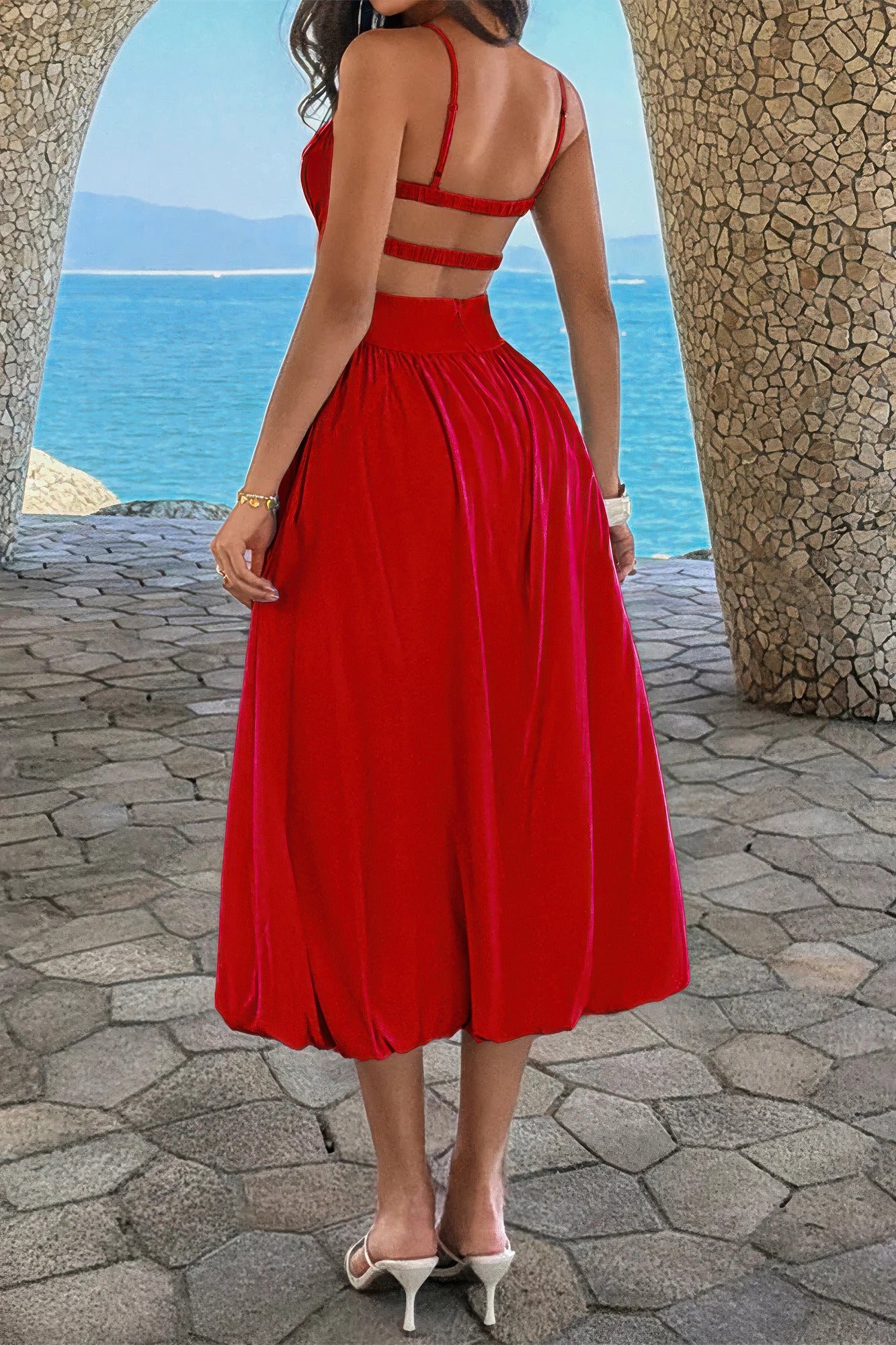 Red women's A-line dress wedding suitable for outdoor celebrations