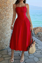 Women's red a-line dress wedding, lightweight fabric, perfect for summer events