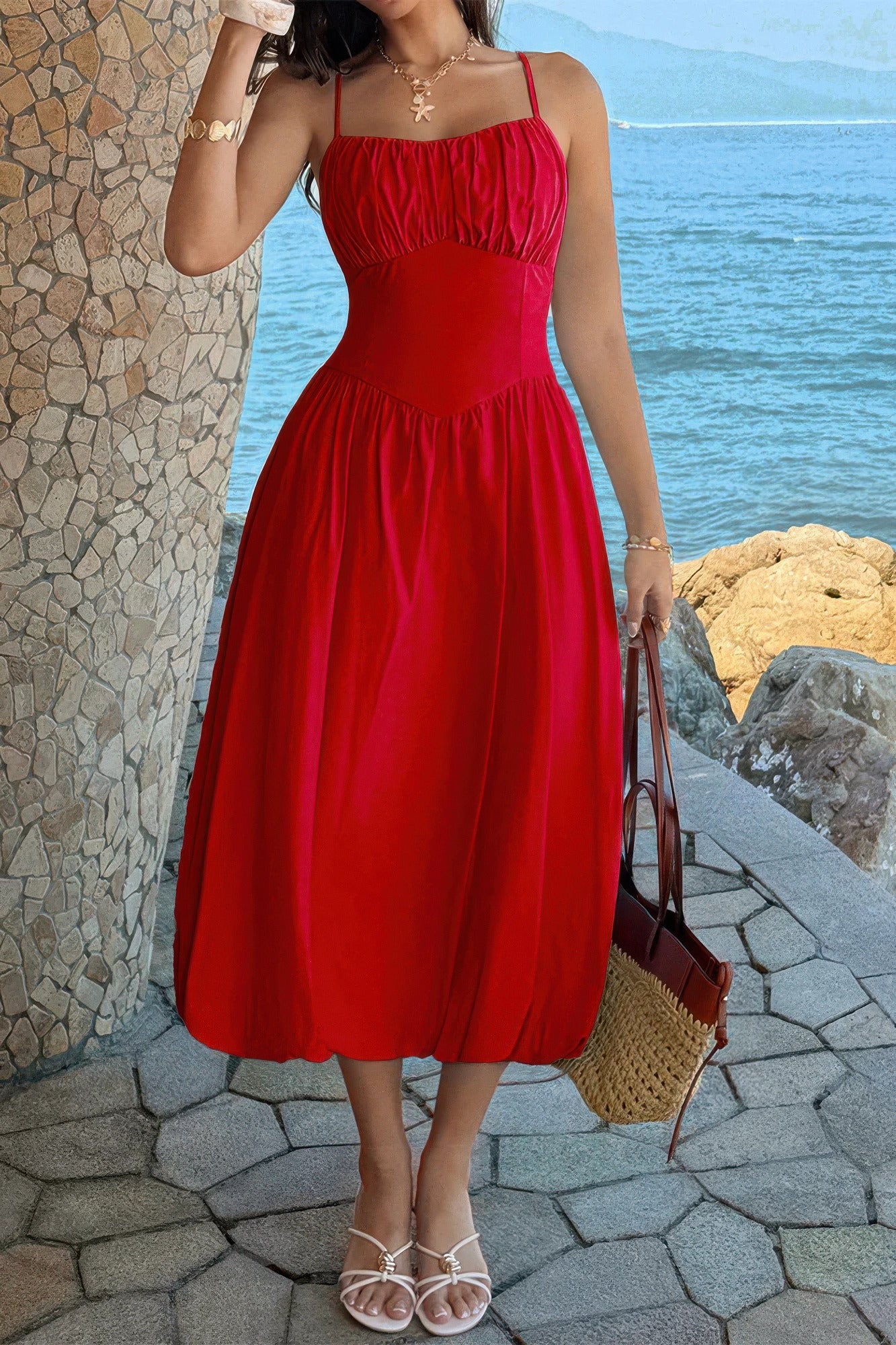 Red women's a-line dress wedding, perfect for outdoor summer events