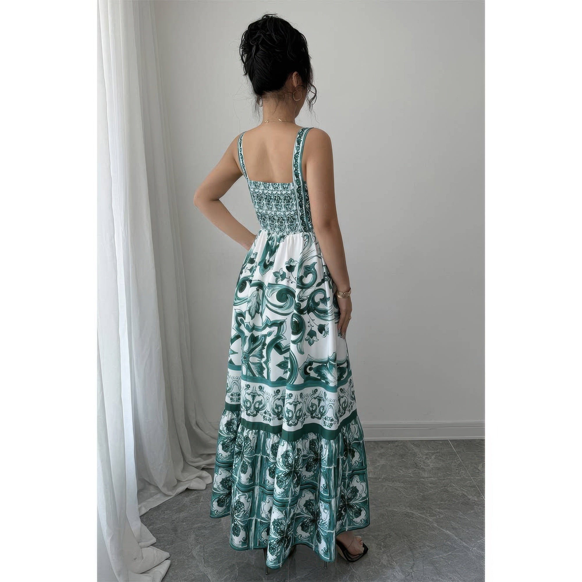 A-line dress wedding in teal and white floral pattern for bridesmaids