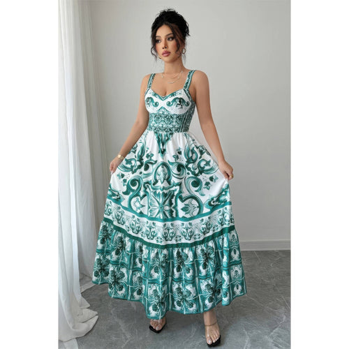 A-line dress wedding in teal and white floral pattern, perfect for special occasions