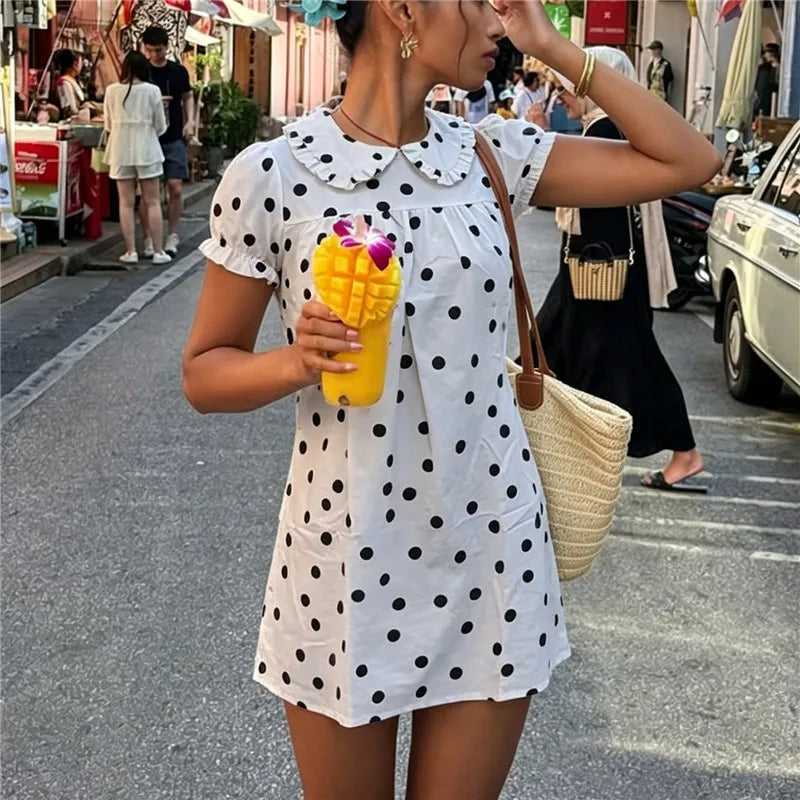 white polka dot a-line dress wedding, short sleeves, casual summer wear