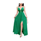 Green A Line Vacation Maxi Dress with Plunge Neckline and Slit for Elegant Summer Look