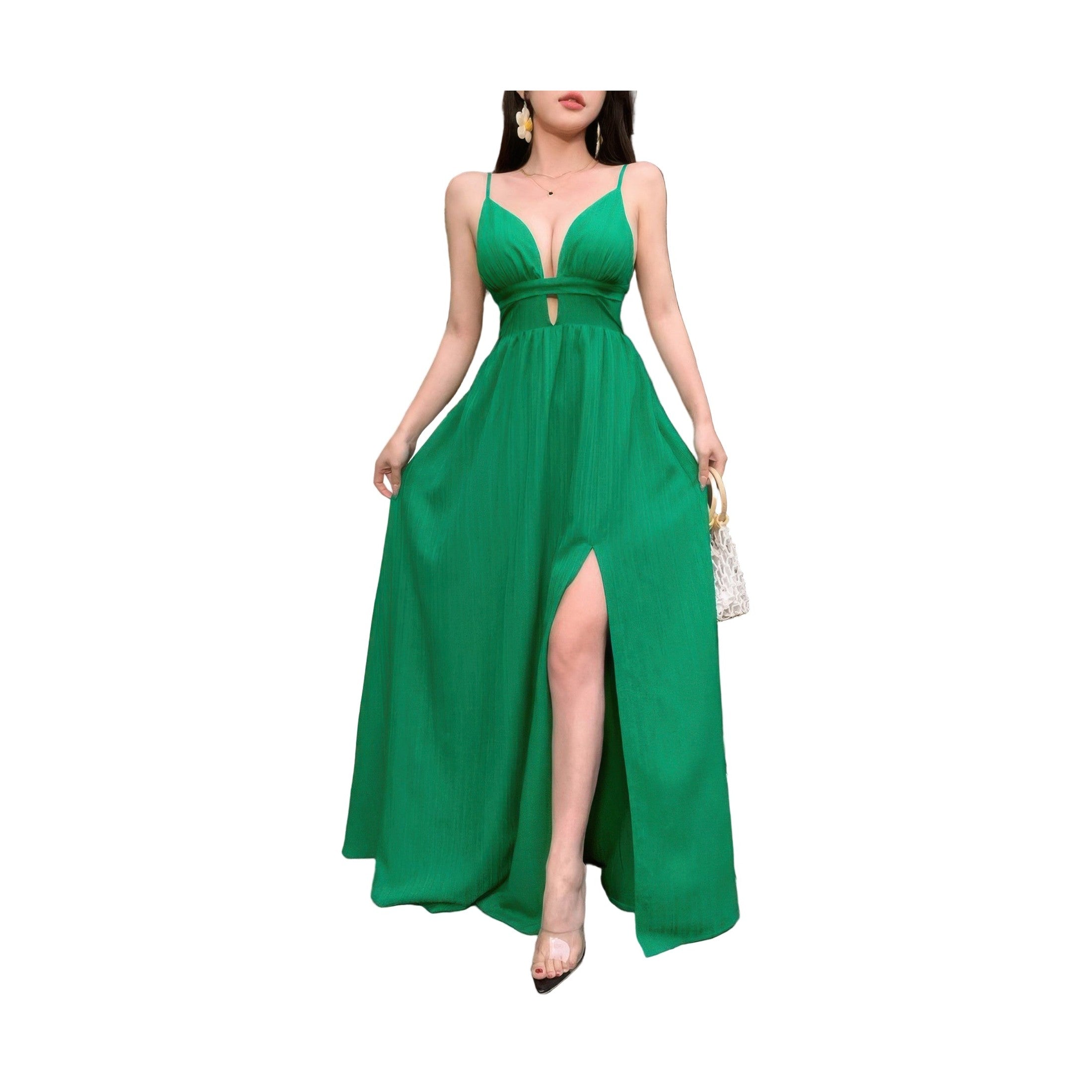 Green A Line Vacation Maxi Dress with Plunge Neckline and Slit for Elegant Summer Look