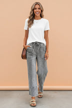 Denim Raw Hem Drawstring Wide Leg Pants