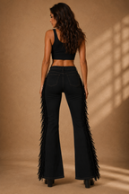 Made In Usa Mid-Rise Black Boot Cut Jean With Fringe & Stud Detail