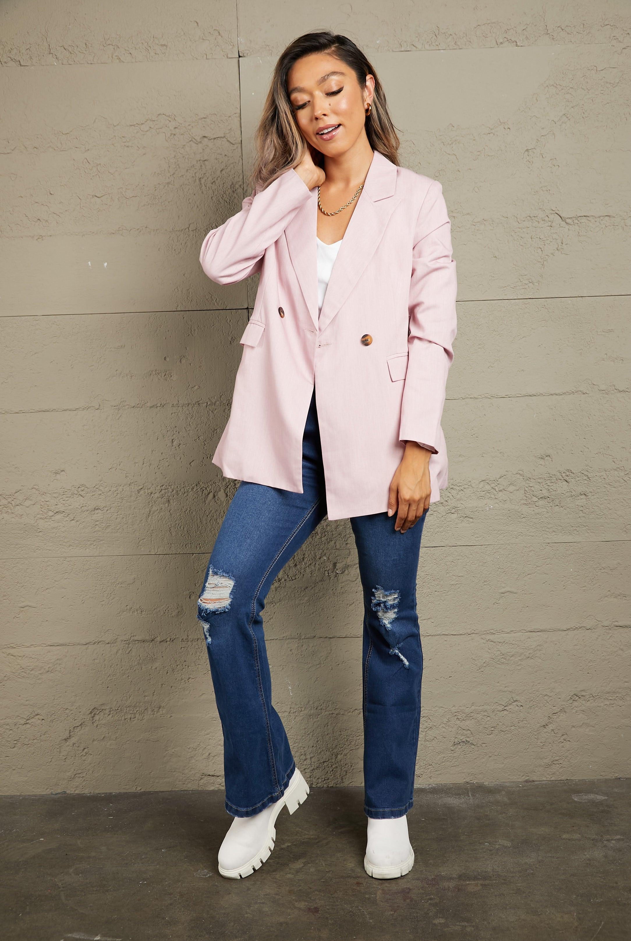 Women's Blazers Double Take Double-Breasted Padded Shoulder Blazer with Pockets