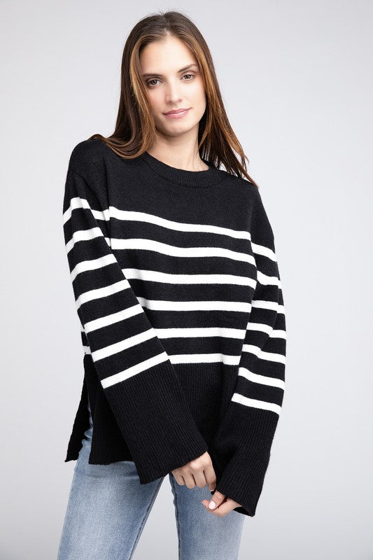 Women's SweatersRibbed Hem Stripe Sweater - VacationGrabs