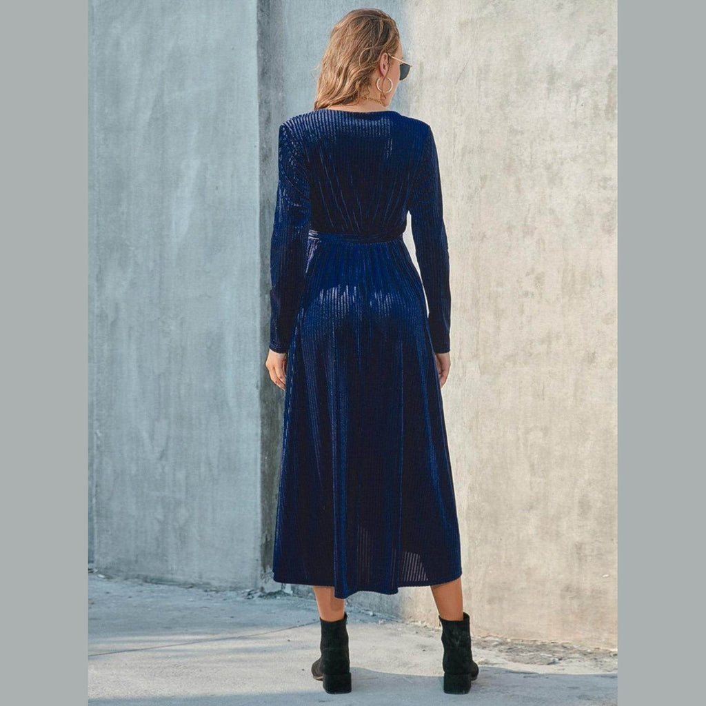 Tie Front Long Sleeve Slit Dress - VacationGrabs