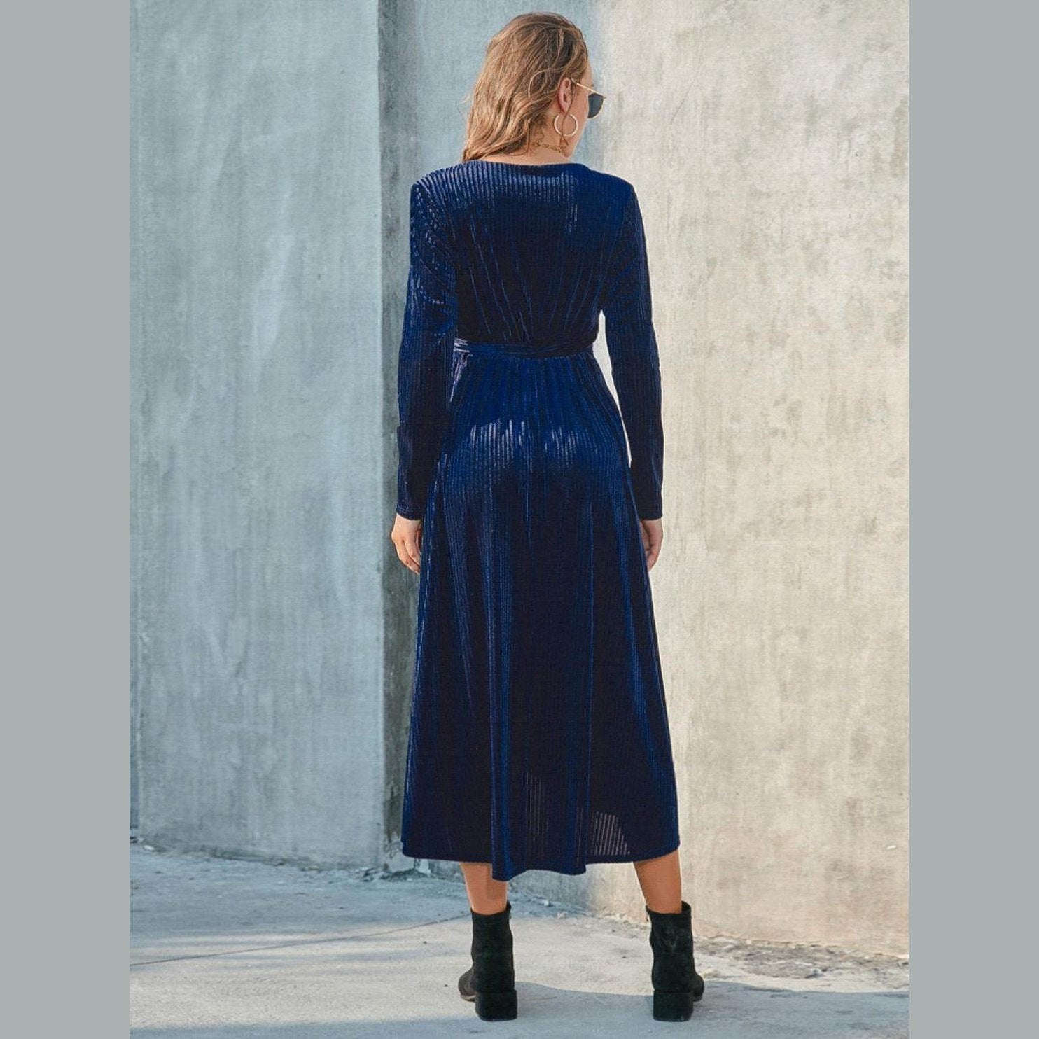 Tie Front Long Sleeve Slit Dress - VacationGrabs