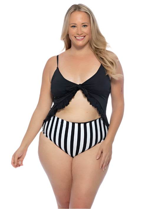 Black And Striped Cutout One Piece Swimsuit - VacationGrabs
