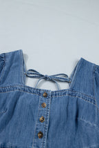 Denim Button Square Neck Puff Sleeve Mini Dress