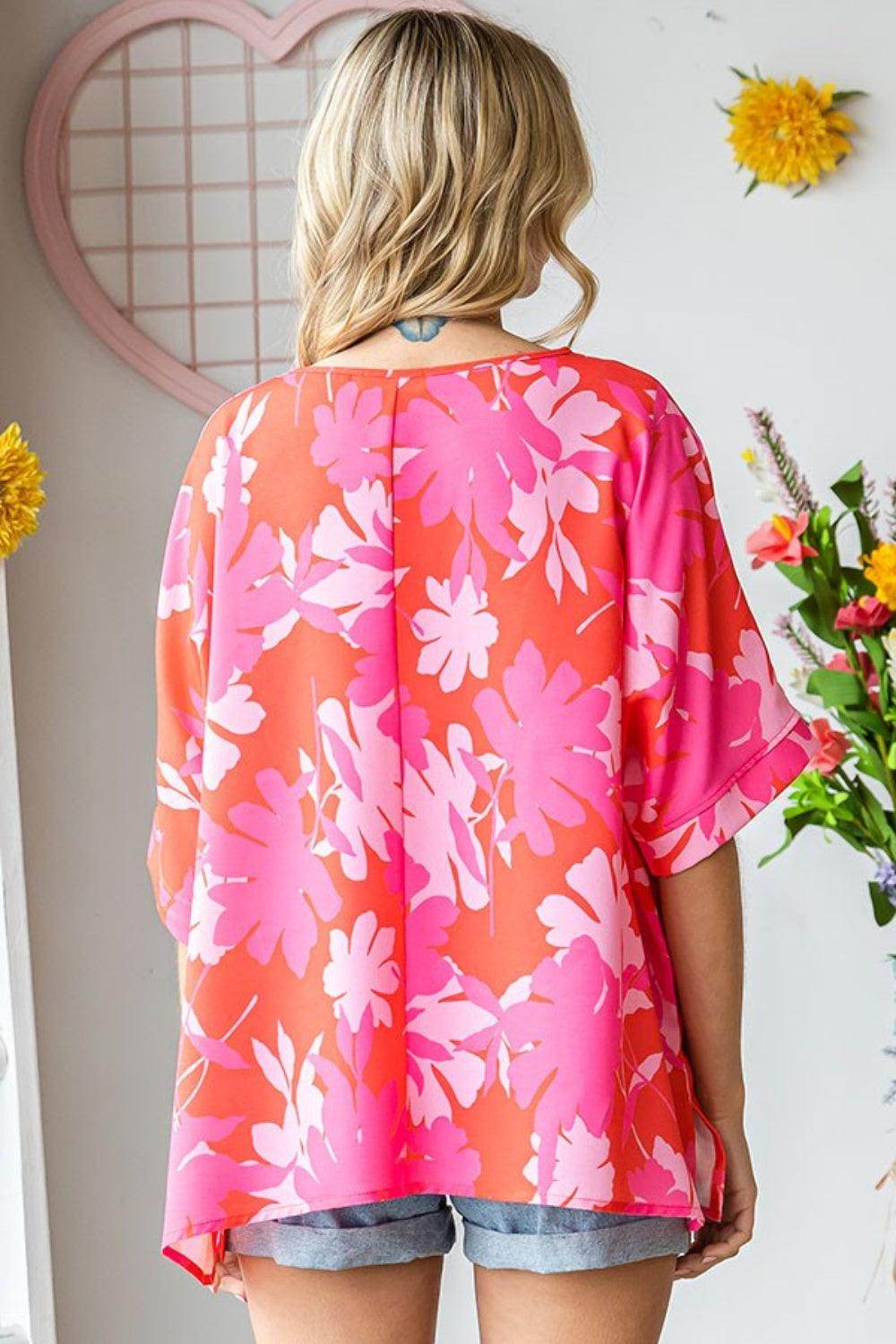 First Love Slit Printed Round Neck Half Sleeve Blouse - VacationGrabs