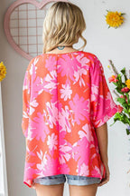 First Love Slit Printed Round Neck Half Sleeve Blouse - VacationGrabs