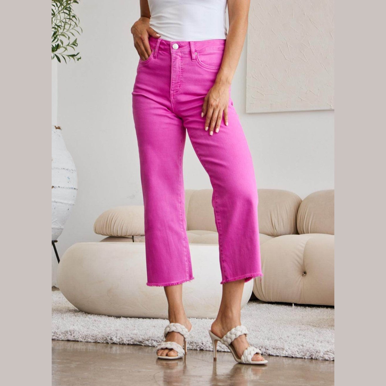 RFM Crop Chloe Full Size Tummy Control High Waist Raw Hem - VacationGrabs