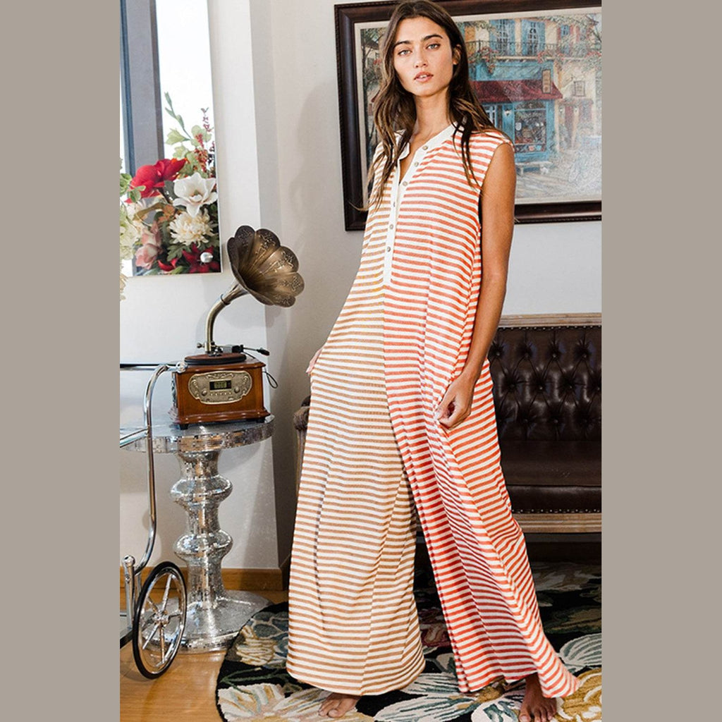 Orange Stripe Oversized Buttoned Front Sleeveless Wide Leg Jumpsuit - VacationGrabs