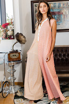 Women's Jumpsuits & RompersOrange Stripe Oversized Buttoned Front Sleeveless Wide Leg - VacationGrabs