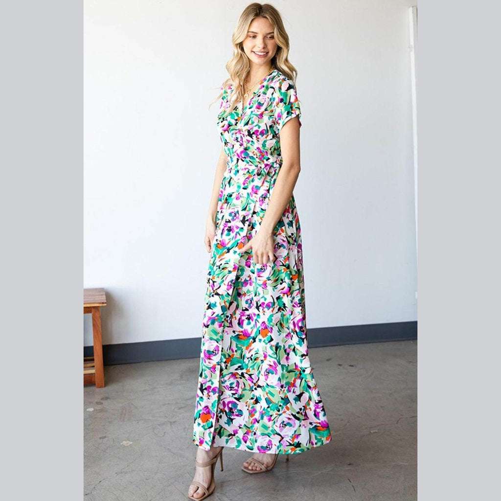 First Love Slit Printed Surplice Tie Waist Short Sleeve - VacationGrabs
