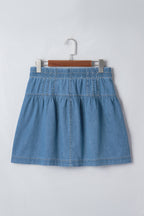 Denim Half Button Pleated Drawstring Mini Skirt