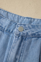 Solid Denim Scalloped Trim High Waist Shorts