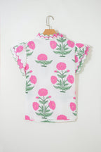 Flower Scallop Contrast Trim Short Sleeve Blouse