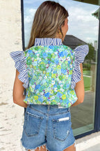 Floral Stripe Patchwork Flutter Sleeve V-Neck Blouse