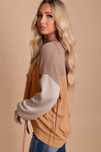 Khaki Color Block Long Sleeve Ribbed Loose Top - VacationGrabs