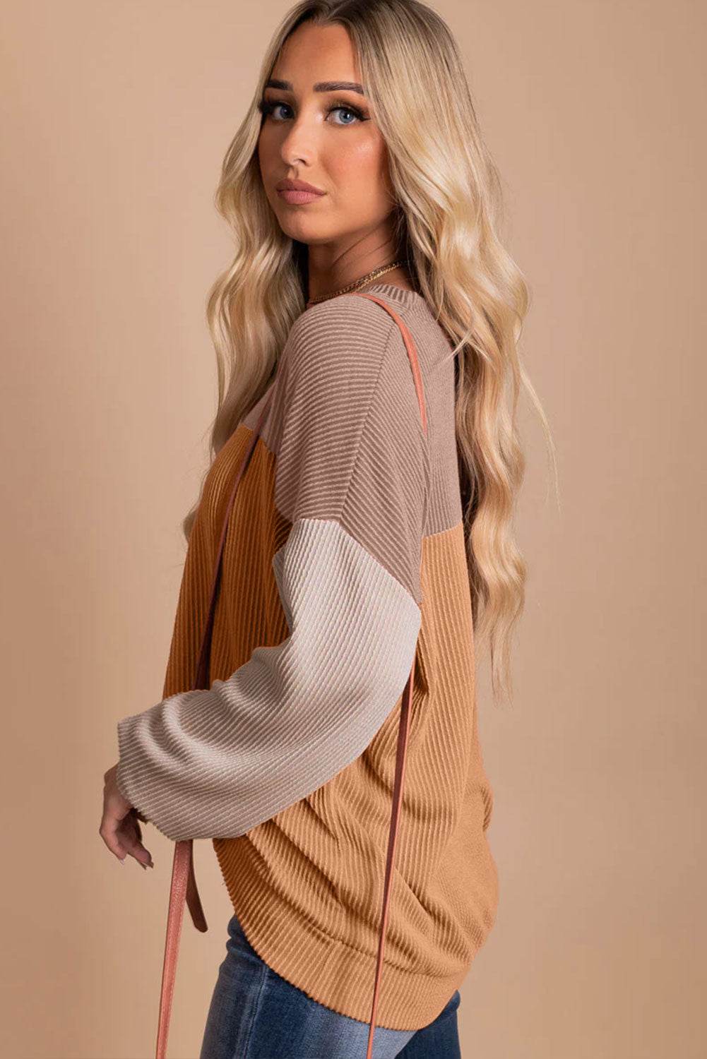 Khaki Color Block Long Sleeve Ribbed Loose Top - VacationGrabs