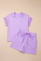 Stripe Dolman Sleeve Polo Shirt & Drawstring Shorts Set