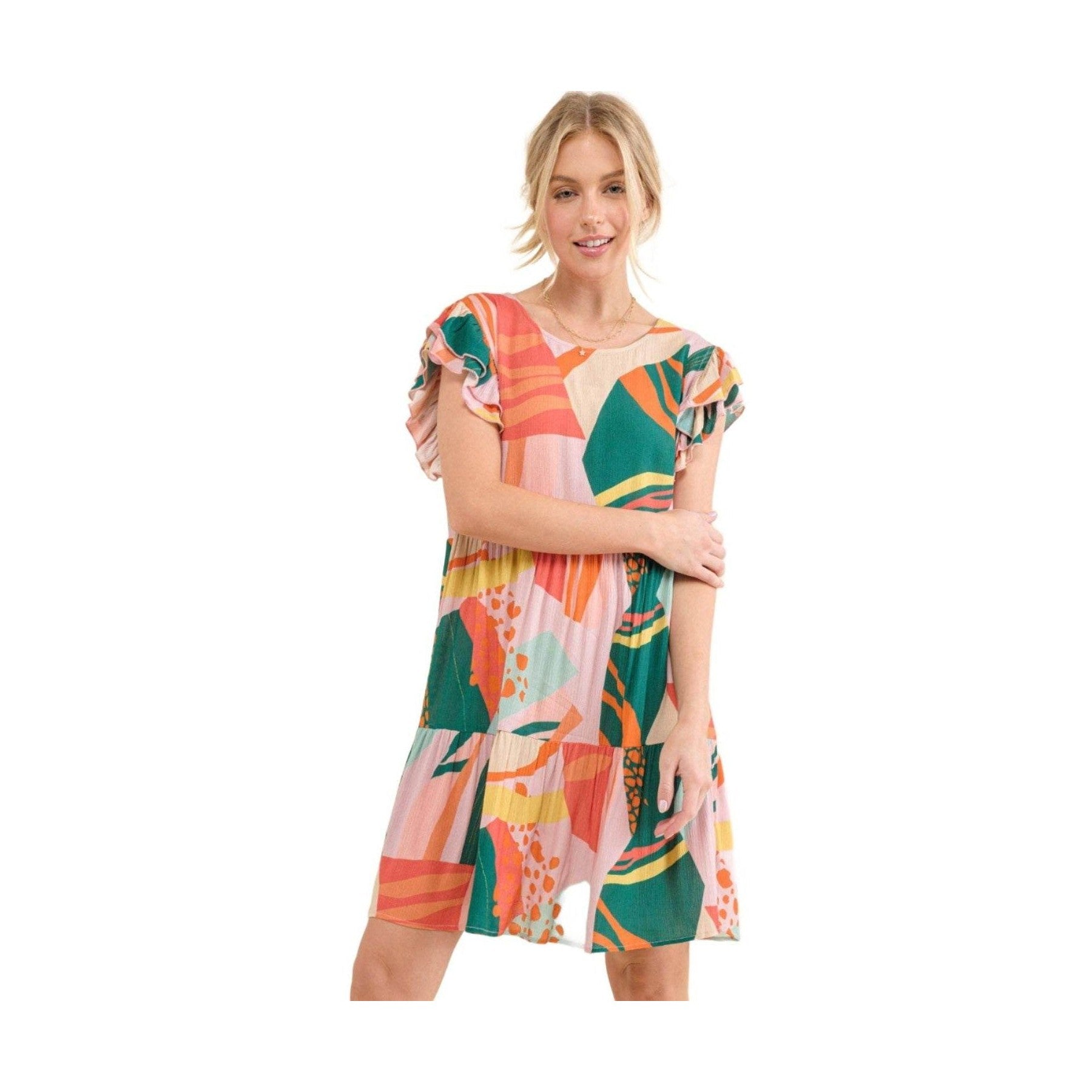 And The Why Printed Double Ruffle Sleeve Dress - VacationGrabs
