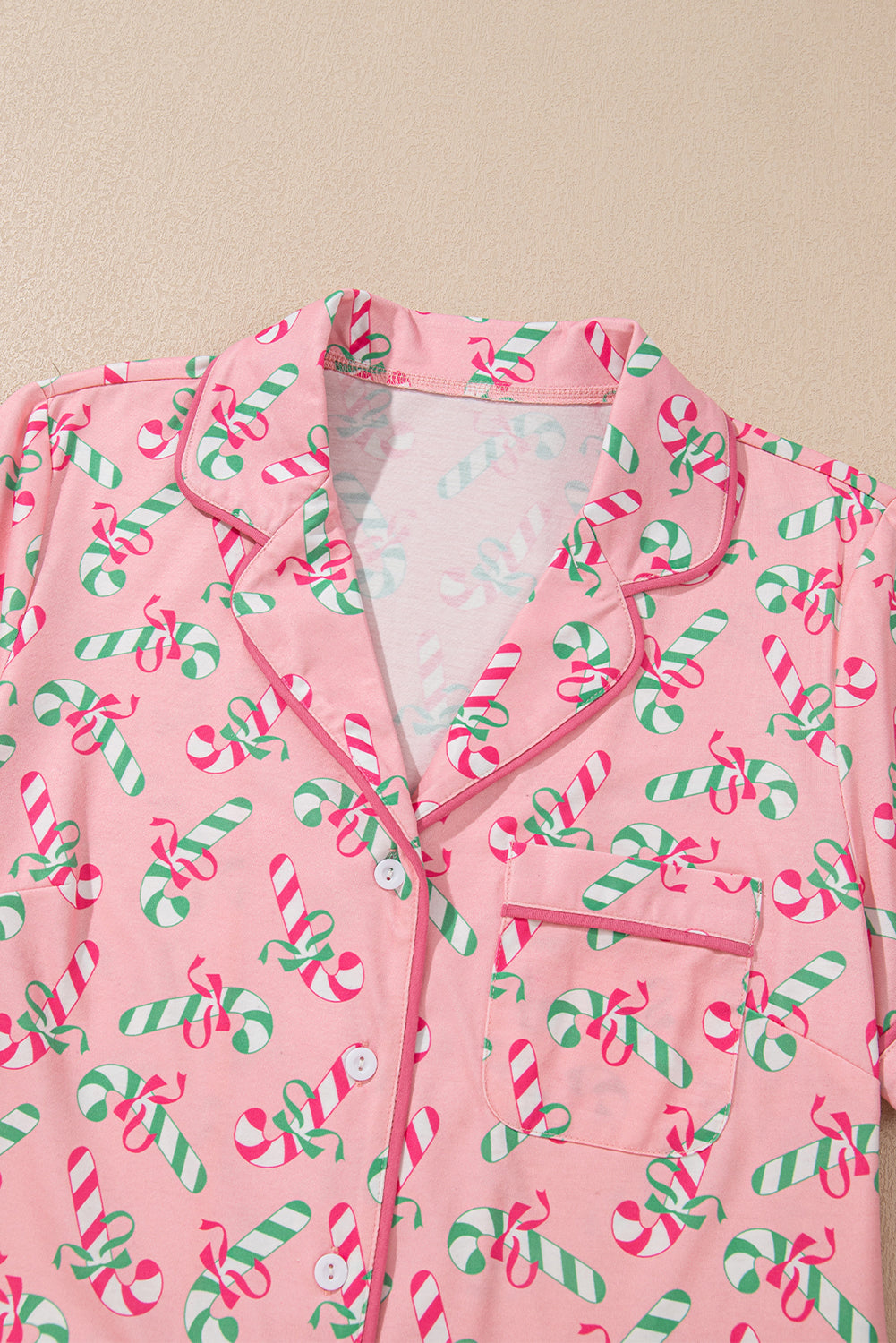 Women's Sleepwear/LoungewearPink Christmas Candy Cane Print Pocketed Knotted Pajama Set - VacationGrabs