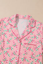 Women's Sleepwear/LoungewearPink Christmas Candy Cane Print Pocketed Knotted Pajama Set - VacationGrabs