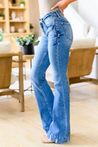 Sky Blue Slight Distressed Medium Wash Flare Jeans - VacationGrabs