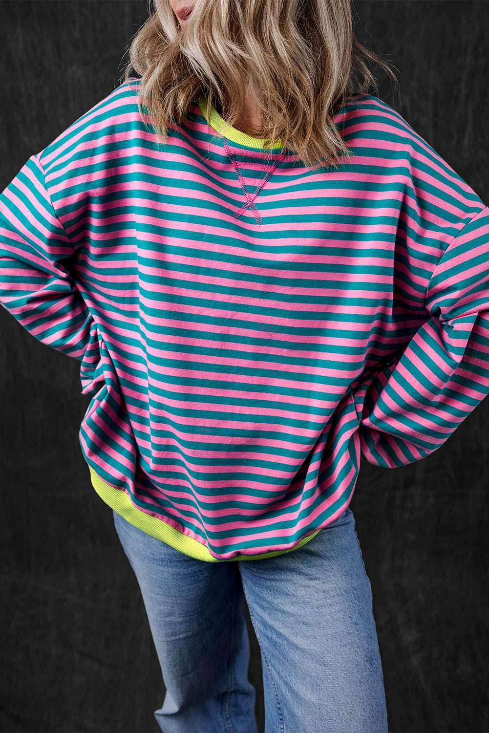 Green Stripe Oversized Contrast Trim Pullover Sweatshirt - VacationGrabs