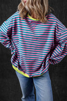 Green Stripe Oversized Contrast Trim Pullover Sweatshirt - VacationGrabs