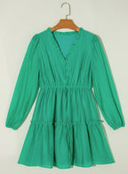 Solid Frilly V-Neck Puff Sleeve Mini Dress