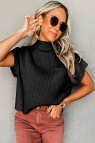 Black Patch Pocket Ribbed Knit Short Sleeve Sweater - VacationGrabs