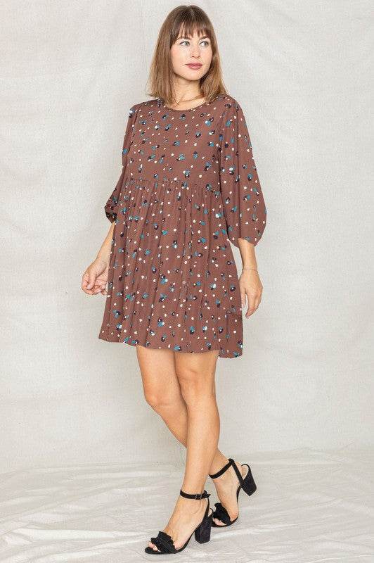 Abstract Polka Dot Bishop Sleeve Mini Dress - VacationGrabs