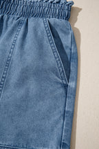 Solid Denim Smocked Elastic Waist Shorts