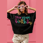 Birthday Metallic Letter Puff Sleeve Hairy Sweater - VacationGrabs