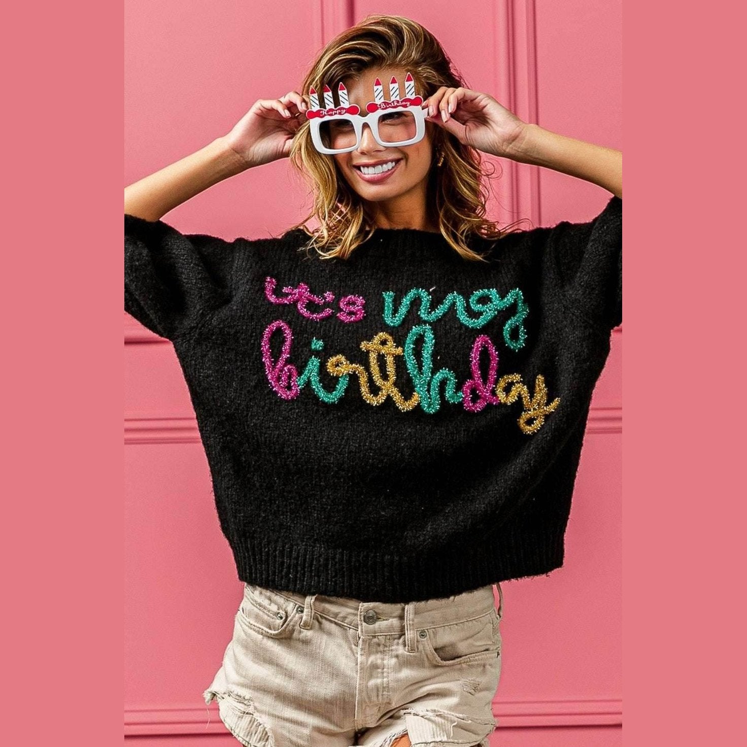 Birthday Metallic Letter Puff Sleeve Hairy Sweater - VacationGrabs