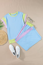 Colorblock Short Sleeve Top & Wide Leg Pants Set