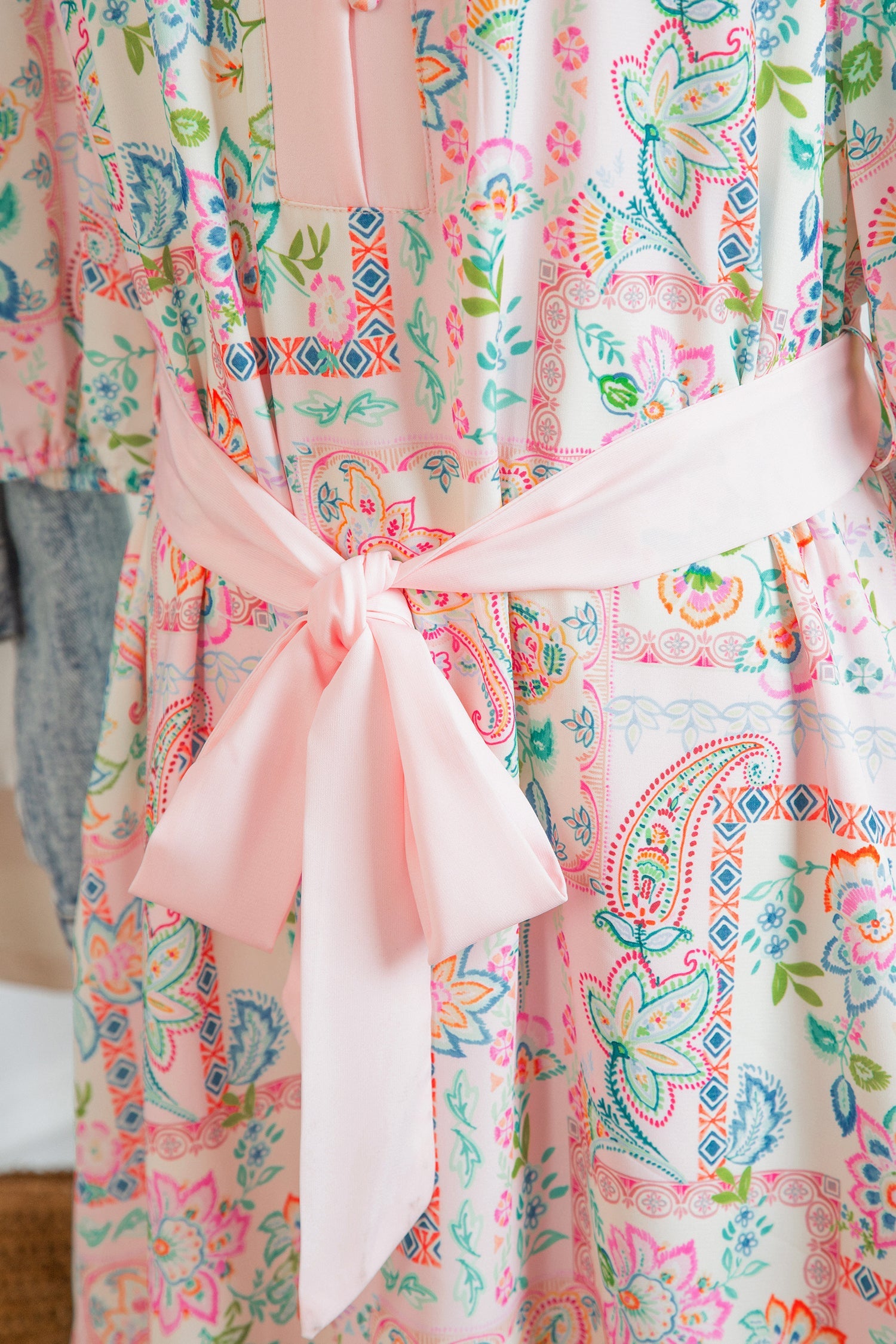 Boho Floral Colorblock 3/4 Sleeve Belted Mini Dress