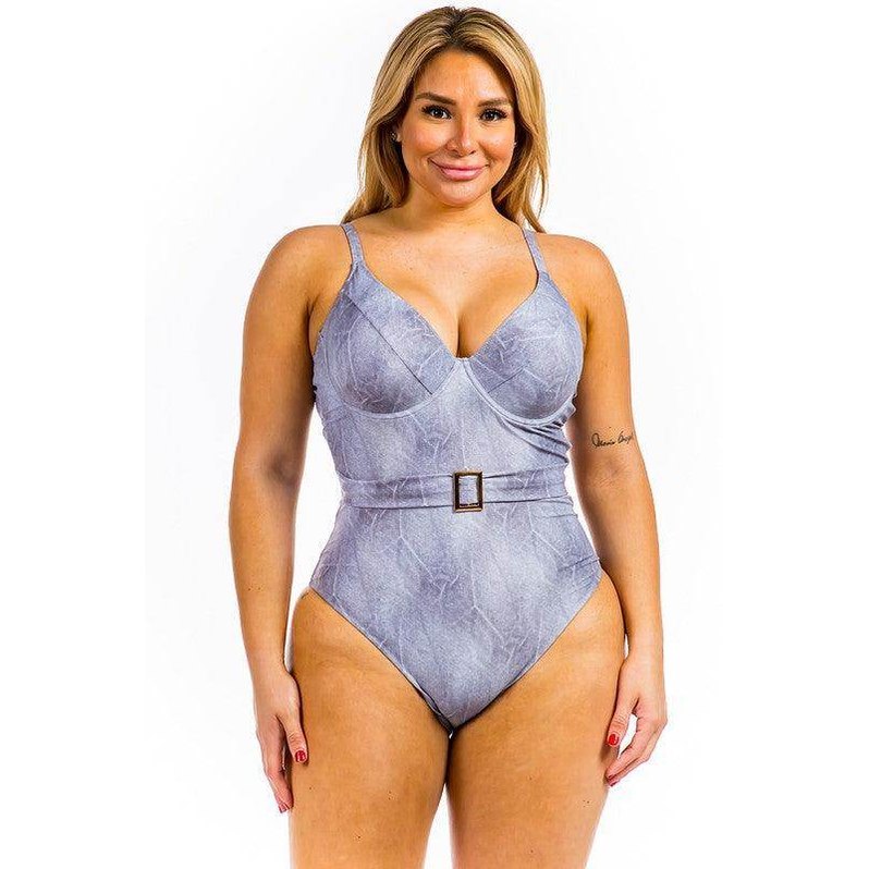 Swimwear - One Piece Buckle Belt Embellish Denim Swimsuit - VacationGrabs