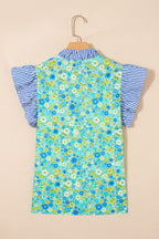 Floral Stripe Patchwork Flutter Sleeve V-Neck Blouse