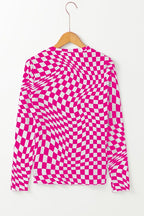 Long sleeve checkerboard shirt women in pink and white with a unique swirling pattern