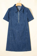 Denim Zip-Up Collar Short Sleeve Mini Dress