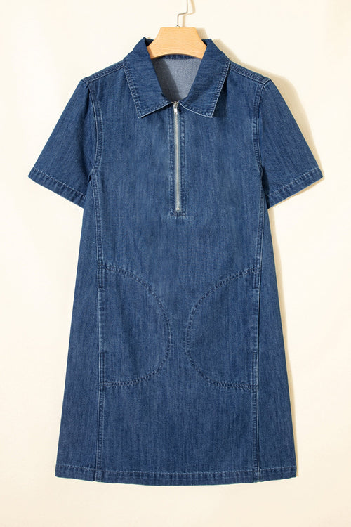 Denim Zip-Up Collar Short Sleeve Mini Dress